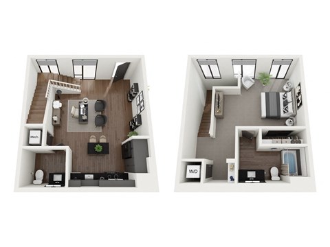 a stylized floor plan with a bedroom and a living room